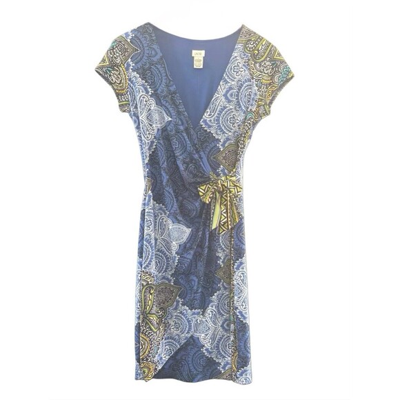 Cache Faux Wrap Dress Women's Small Blue Paisley  V-Neck Short Sleeves Front Tie - Picture 1 of 7